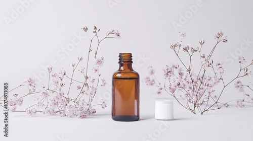 Elegant floral arrangement with amber apothecary bottle. Delicate pink blossoms evoke natural beauty and tranquility, ideal for wellness, aromatherapy, or beauty product presentations. photo