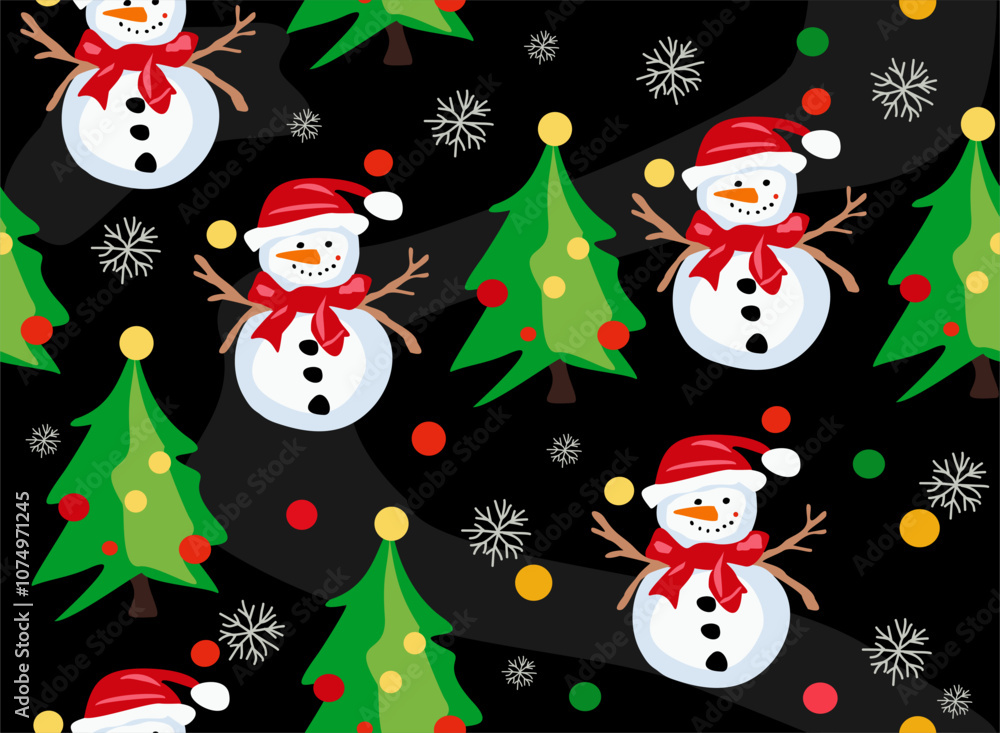 Hand drawn vector seamless christmas pattern with cartoon funny snowman in hat of santa claus, snowflake, christmas tree. 2025 New Year fashion ornament for fabric, paper, textiles, notepad, packaging Hand drawn vector seamless christmas pattern with cartoon funny snowman in hat of santa claus, snowflake, christmas tree. 2025 New Year fashion ornament for fabric, paper, textiles, notepad, packaging
