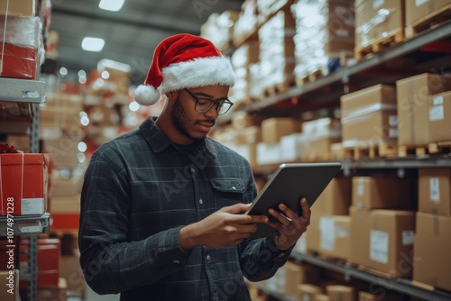 A man in a Santa hat works in a warehouse, using a tablet to check inventory among holiday packages. This image is ideal for logistics, holiday shipping, and ecommerce themes. photo