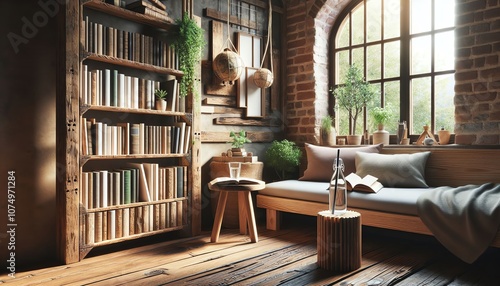 rustic living room with bookshelf and sofa photo