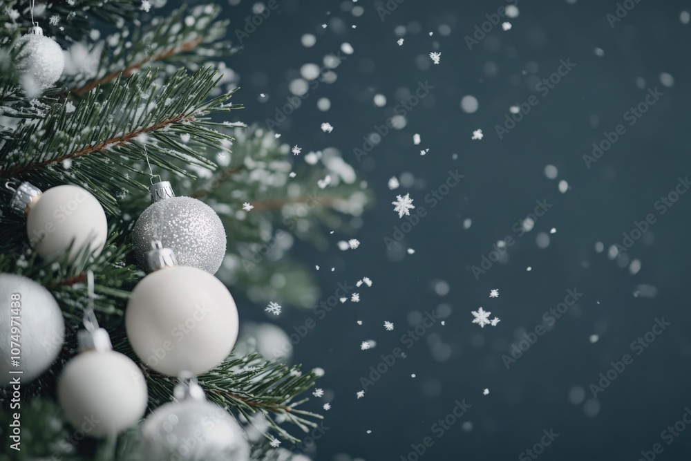 Snowflakes Falling on Fir Branches with Ornaments in a Winter Scene Snowflakes Falling on Fir Branches with Ornaments in a Winter Scene