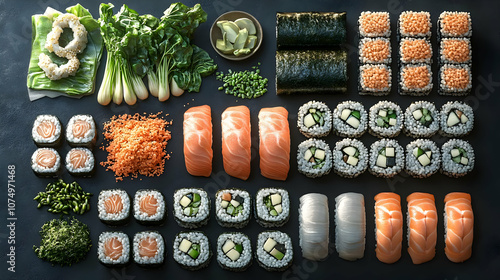 A vibrant sushi platter featuring various rolls, fish, and garnishes displayed artfully on a dark background. photo