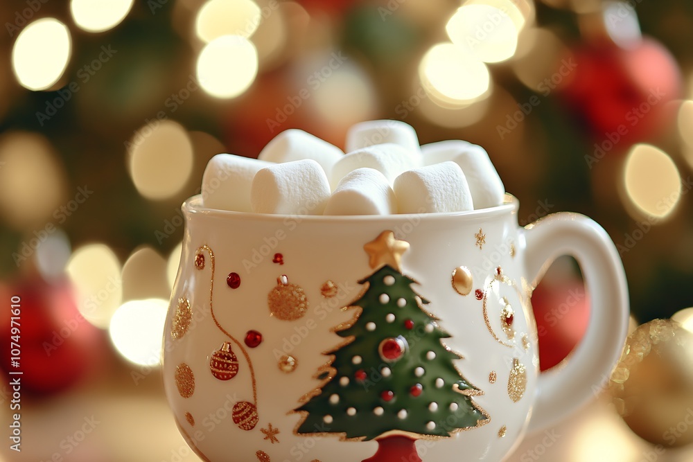 Christmas Mug with Decorative Tree and Marshmallows Surrounded by Lights : Generative AI Christmas Mug with Decorative Tree and Marshmallows Surrounded by Lights : Generative AI