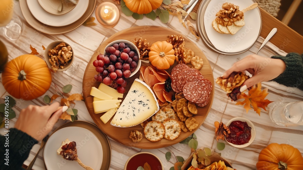Autumn gathering featuring a festive cheese and charcuterie board with seasonal decorations and warm candlelight Autumn gathering featuring a festive cheese and charcuterie board with seasonal decorations and warm candlelight
