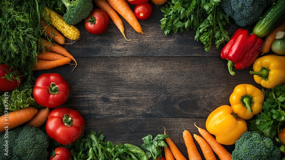An overhead shot of an assortment of fresh organic vegetables and herbs laid out on a rustic wooden table. An overhead shot of an assortment of fresh organic vegetables and herbs laid out on a rustic wooden table.