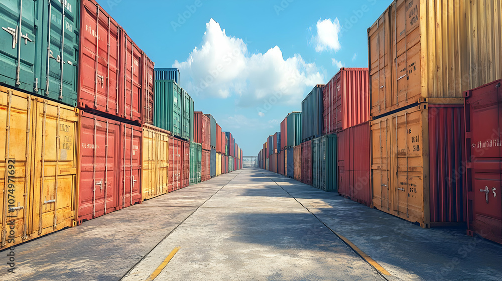 Fototapeta premium A vibrant view of a shipping container yard, showcasing colorful containers under a blue sky with fluffy clouds.