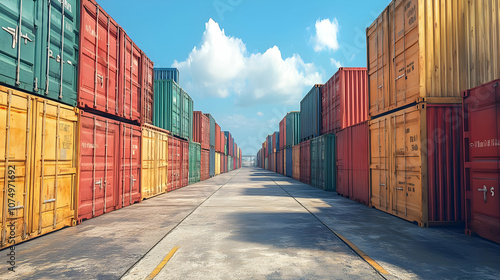 Wallpaper Mural A vibrant view of a shipping container yard, showcasing colorful containers under a blue sky with fluffy clouds. Torontodigital.ca