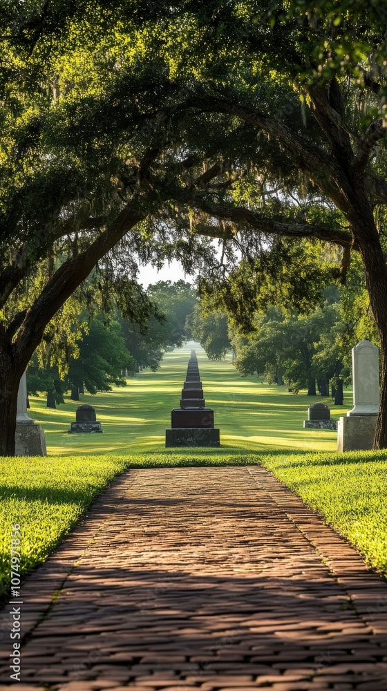 Fototapeta premium A tranquil walk through the historic Vicksburg National Cemetery with lush trees lining the path