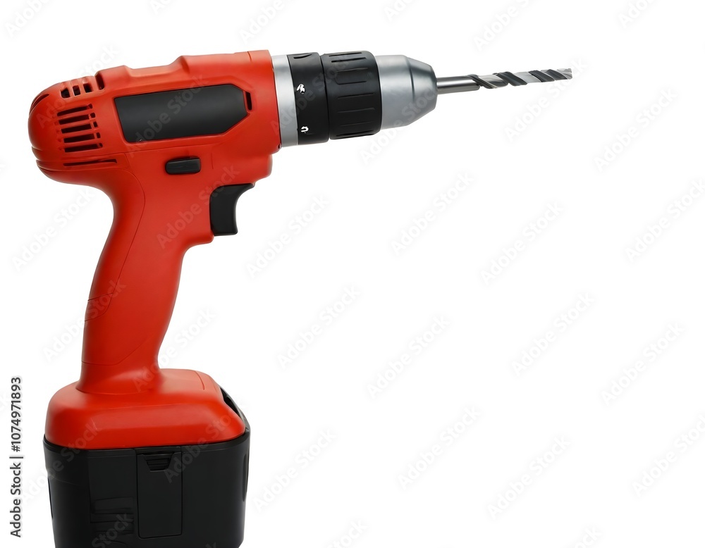 A cordless power drill with a drill bit attached A cordless power drill with a drill bit attached