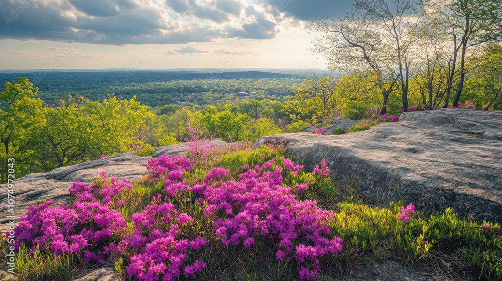 Breathtaking spring view from West Rock Ridge State Park featuring vibrant wildflowers and lush greenery at sunset Breathtaking spring view from West Rock Ridge State Park featuring vibrant wildflowers and lush greenery at sunset