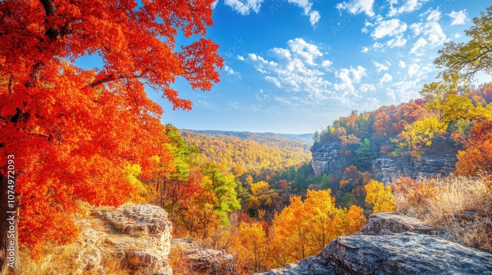 Breathtaking autumn colors in the Ozark Mountains showcasing vibrant foliage against a clear blue sky Breathtaking autumn colors in the Ozark Mountains showcasing vibrant foliage against a clear blue sky