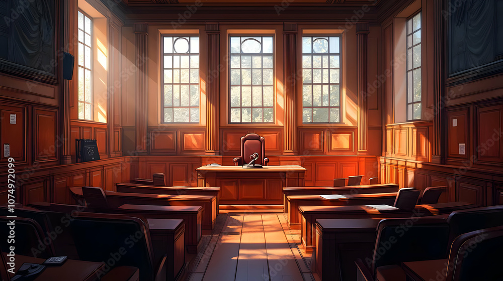 A well-lit courtroom interior featuring wooden benches, large windows, and a judge's chair, evoking a sense of justice. A well-lit courtroom interior featuring wooden benches, large windows, and a judge's chair, evoking a sense of justice.