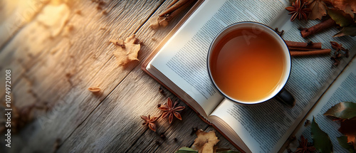 A warm cup of tea rests on an open book surrounded by autumn leaves, capturing a cozy reading moment.