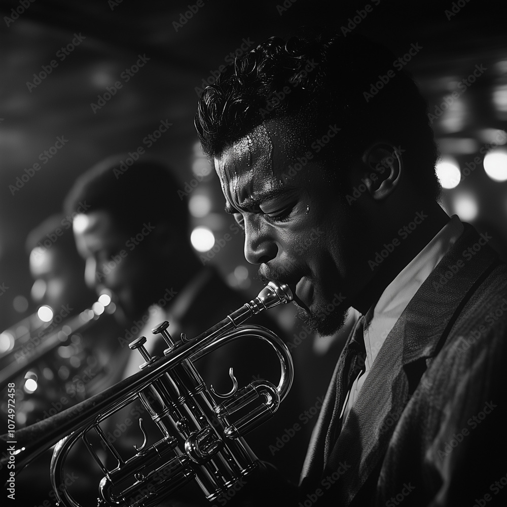 Obraz premium Black and white photo of jazz musicians playing trumpets