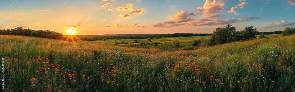 A breathtaking panorama showcasing the vibrant tallgrass prairie at sunset, highlighting golden grasses and blooming wildflowers A breathtaking panorama showcasing the vibrant tallgrass prairie at sunset, highlighting golden grasses and blooming wildflowers