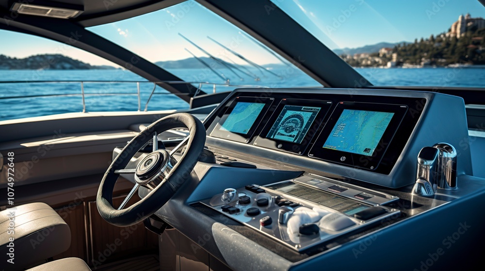 A photo of a modern yachts flybridge with advanced A photo of a modern yachts flybridge with advanced