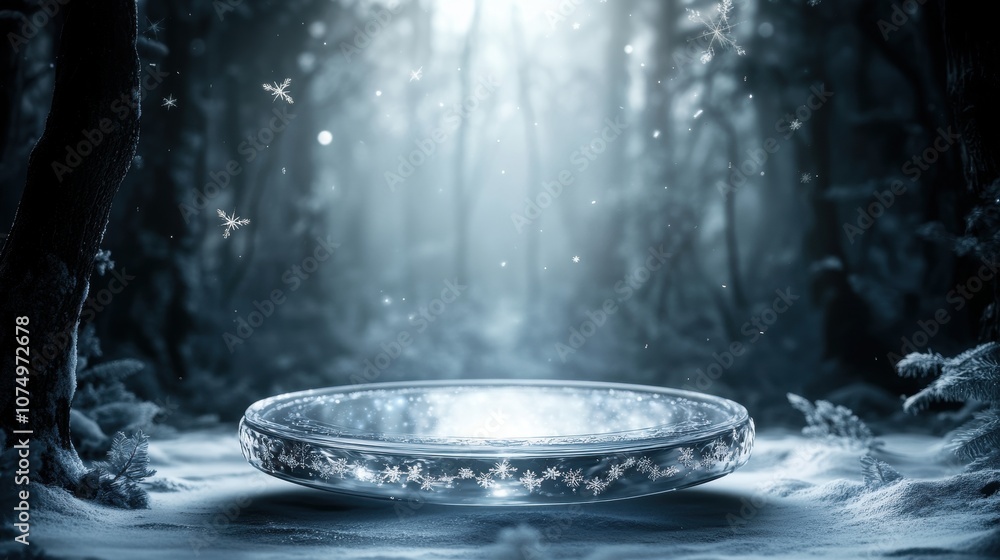 Frozen Fantasy Podium: Enchanting winter scene with a crystal-clear podium in a snow-covered forest, bathed in ethereal light. Perfect for showcasing products or creating a magical atmosphere. Frozen Fantasy Podium: Enchanting winter scene with a crystal-clear podium in a snow-covered forest, bathed in ethereal light. Perfect for showcasing products or creating a magical atmosphere.