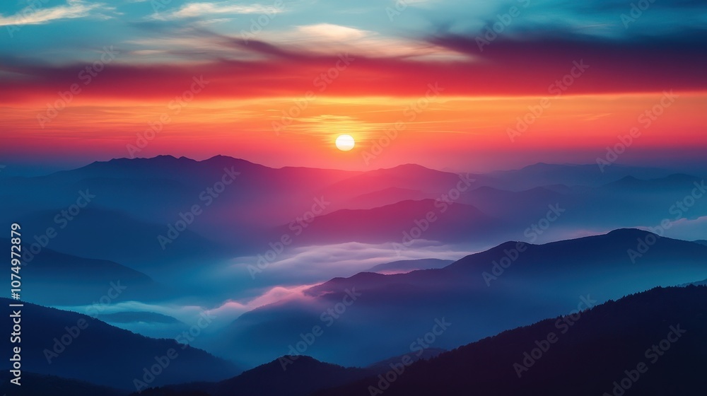 Stunning Sunrise Over Misty Mountain Range with Vibrant Colors and Dramatic Sky in Serene Landscape Stunning Sunrise Over Misty Mountain Range with Vibrant Colors and Dramatic Sky in Serene Landscape