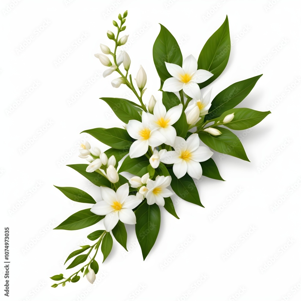 Obraz premium A bouquet of white and yellow flowers with green leaves, likely jasmine or a similar flowering plant