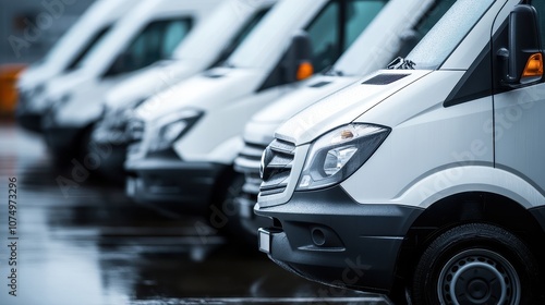 Fleet of Modern White Delivery Vans Parked in a Row on a Rainy Day with Reflections on Wet Asphalt in an Urban Industrial Setting