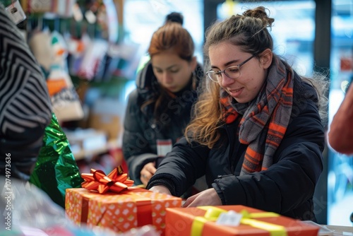 Two women happily wrapping Christmas gifts with colorful ribbons, focusing on creating festive packages