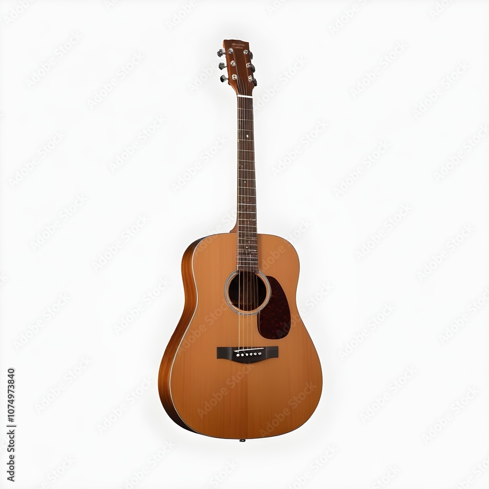 Fototapeta premium A acoustic guitar with a wooden body and neck, featuring a fretboard and strings