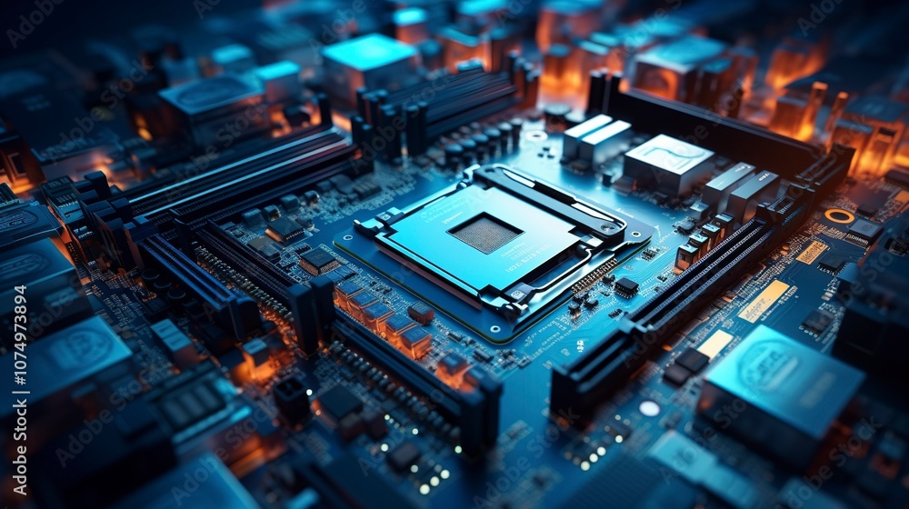 A photo of a motherboard with various components A photo of a motherboard with various components