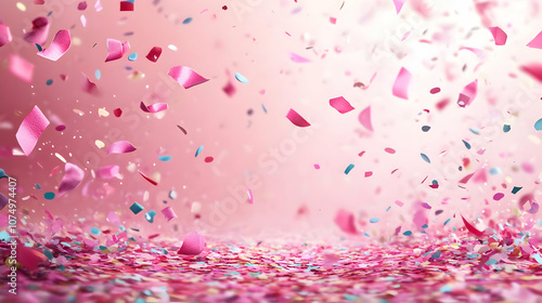 Colorful confetti falls gracefully against a soft pink background, adding a festive and vibrant touch to celebrations. photo