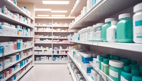 Shelves of various pharmaceutical and medical products in a pharmacy