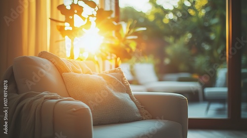 A cozy armchair with a throw blanket and pillows bathed in the warm glow of the setting sun,  looking out onto a patio.