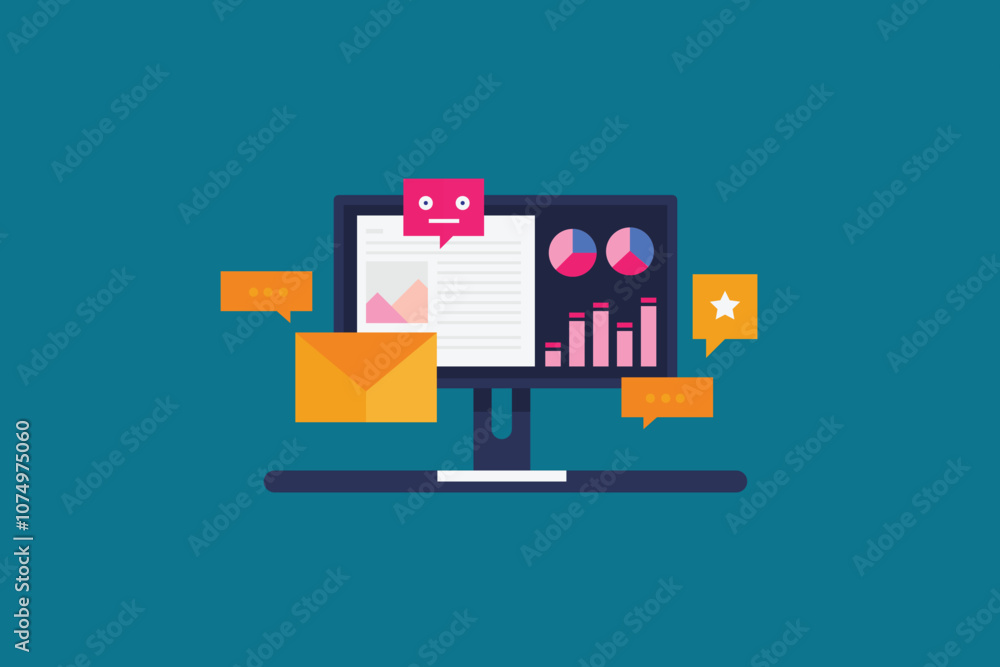 AI chat bot analyzing website data, AI website checker, Artificial intelligence integrated with digital marketing, Chat bot communication. Vector illustration concept. AI chat bot analyzing website data, AI website checker, Artificial intelligence integrated with digital marketing, Chat bot communication. Vector illustration concept.