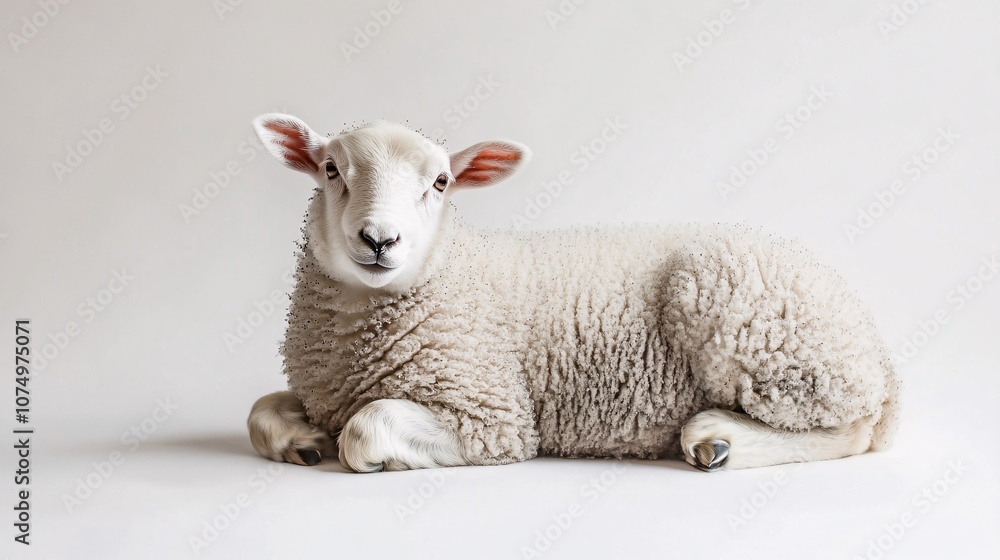 Fototapeta premium Adorable Lamb Lying Down: A Captivating Studio Portrait of a Fluffy Young Sheep