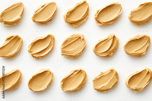 Creamy peanut butter dollops arranged on a white surface, showcasing texture and color in a visually appealing manner. Generative AI
