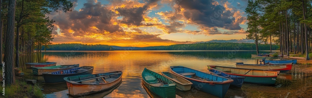 Tranquil waters of Lake with colorful boats reflecting the sunset in a serene setting surrounded by trees Tranquil waters of Lake with colorful boats reflecting the sunset in a serene setting surrounded by trees