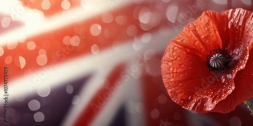 Poppy flower against British flag background, vibrant colors, water droplets photo