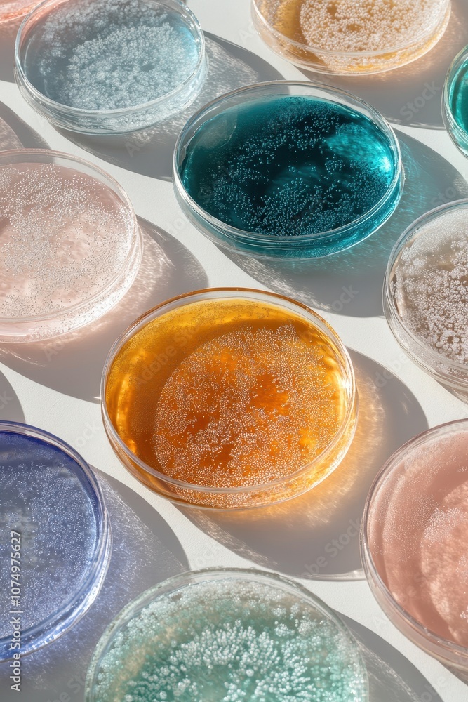 Colorful Petri Dishes with Bacterial Cultures in Sunlight Creating Artistic Patterns and Shadows Colorful Petri Dishes with Bacterial Cultures in Sunlight Creating Artistic Patterns and Shadows
