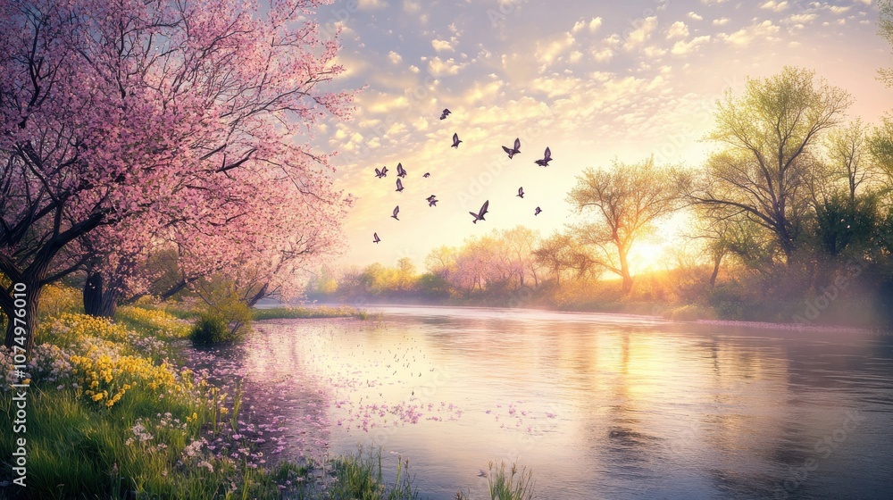 Tranquil moments at dawn along the Platte River with blooming trees and gentle wildlife in the warm morning light Tranquil moments at dawn along the Platte River with blooming trees and gentle wildlife in the warm morning light