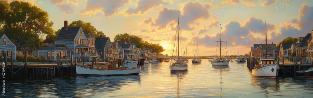 A tranquil evening at Nantucket Harbor with sailboats and charming cottages reflecting the sunset glow A tranquil evening at Nantucket Harbor with sailboats and charming cottages reflecting the sunset glow