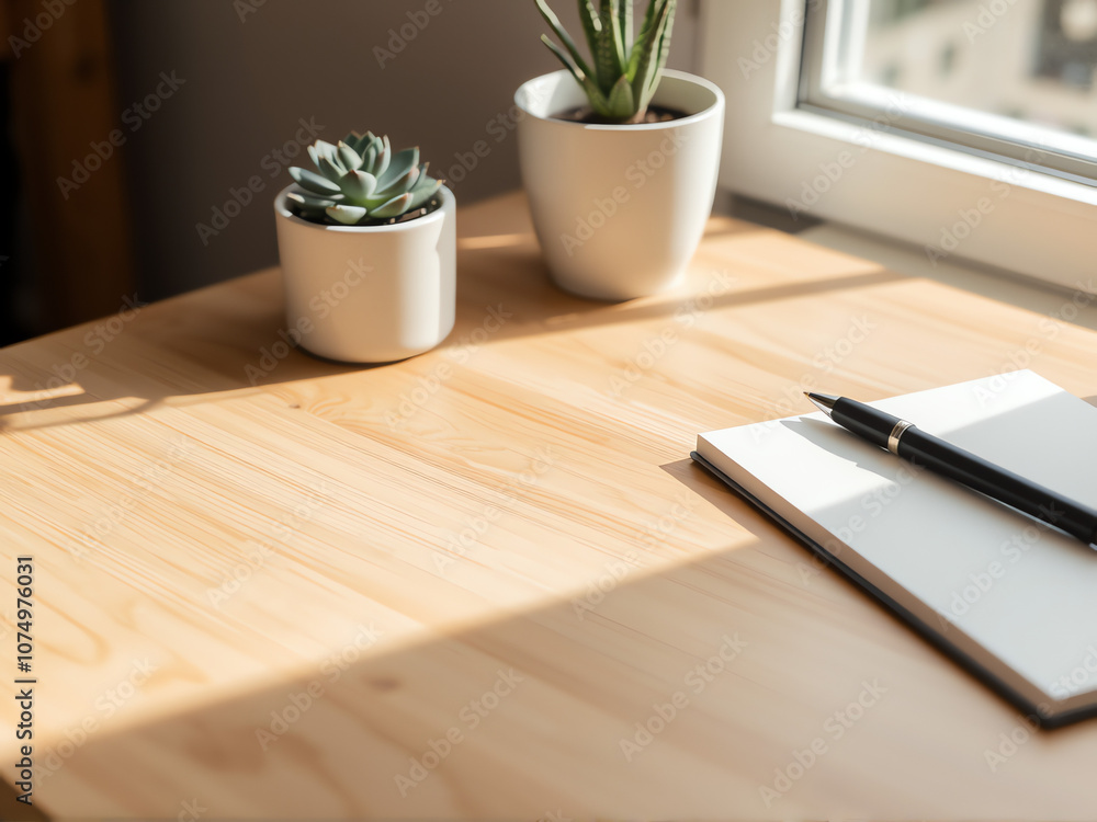plants and notebook on wooden desk closeup plants and notebook on wooden desk closeup