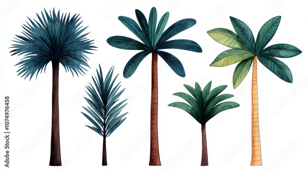 Obraz premium A collection of beautifully illustrated palm trees showcasing various shapes and colors, perfect for nature-themed designs and tropical concepts.
