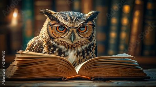Wallpaper Mural Wise Owl Wearing Glasses Reading a Book in a Library Torontodigital.ca