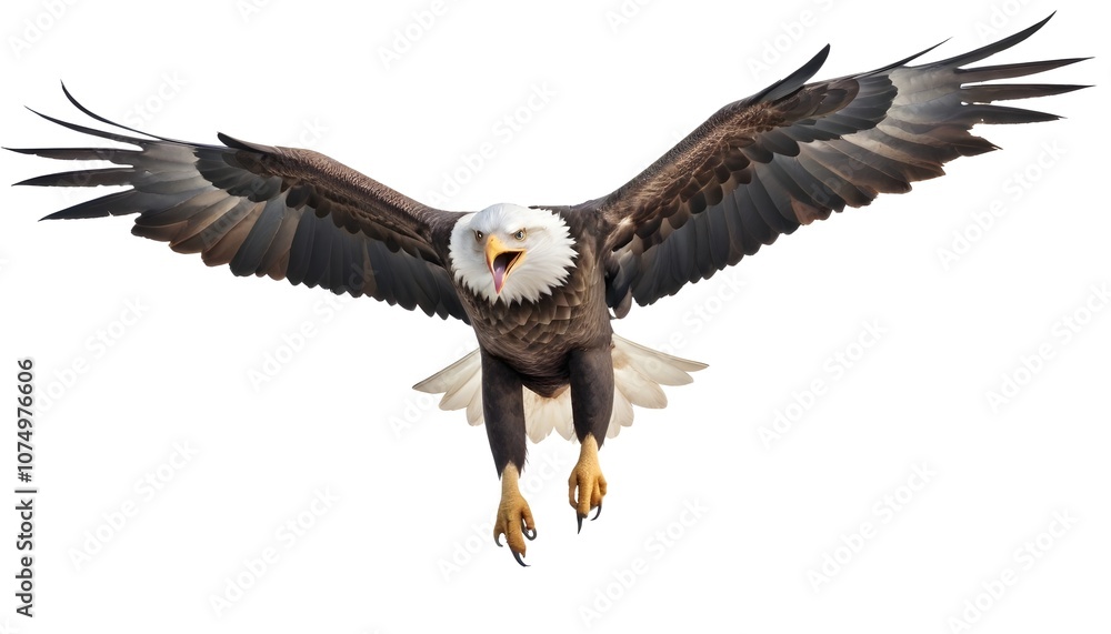 Obraz premium A bald eagle with its wings spread, flying towards the camera with a fierce expression on its face