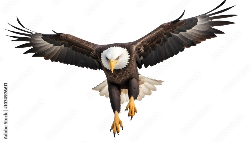Fototapeta premium A bald eagle with its wings spread, flying towards the camera with a fierce expression on its face