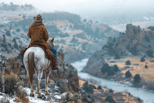 A cowboy dressed in winter attire sits atop a white horse, overlooking a misty river valley surrounded by mountains. The landscape is serene and evokes a sense of adventure and solitude