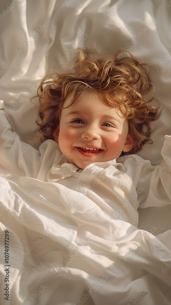 Child Smiling in Cozy White Bed Child Smiling in Cozy White Bed