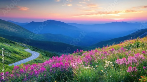 Enjoying the colorful wildflowers along the Mt Washington Auto Road during a serene sunset in New Hampshire photo