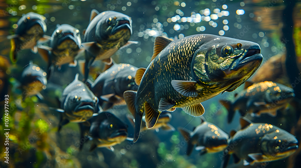 School of Amazon Black Piranhas navigating the river currents, their scales reflecting the light in a mesmerizing School of Amazon Black Piranhas navigating the river currents, their scales reflecting the light in a mesmerizing
