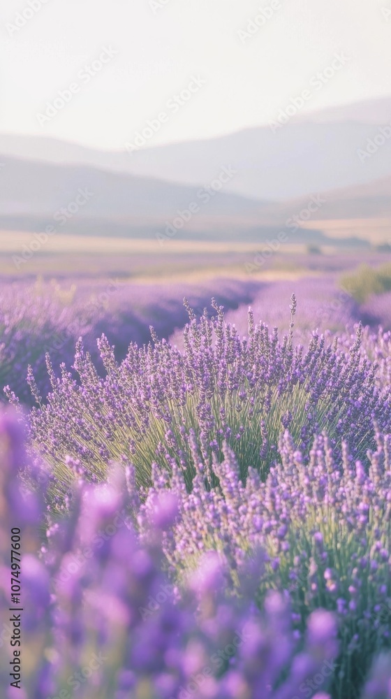 Obraz premium A peaceful lavender field in full bloom stretching across the horizon during golden hour in Provence, creating a serene landscape