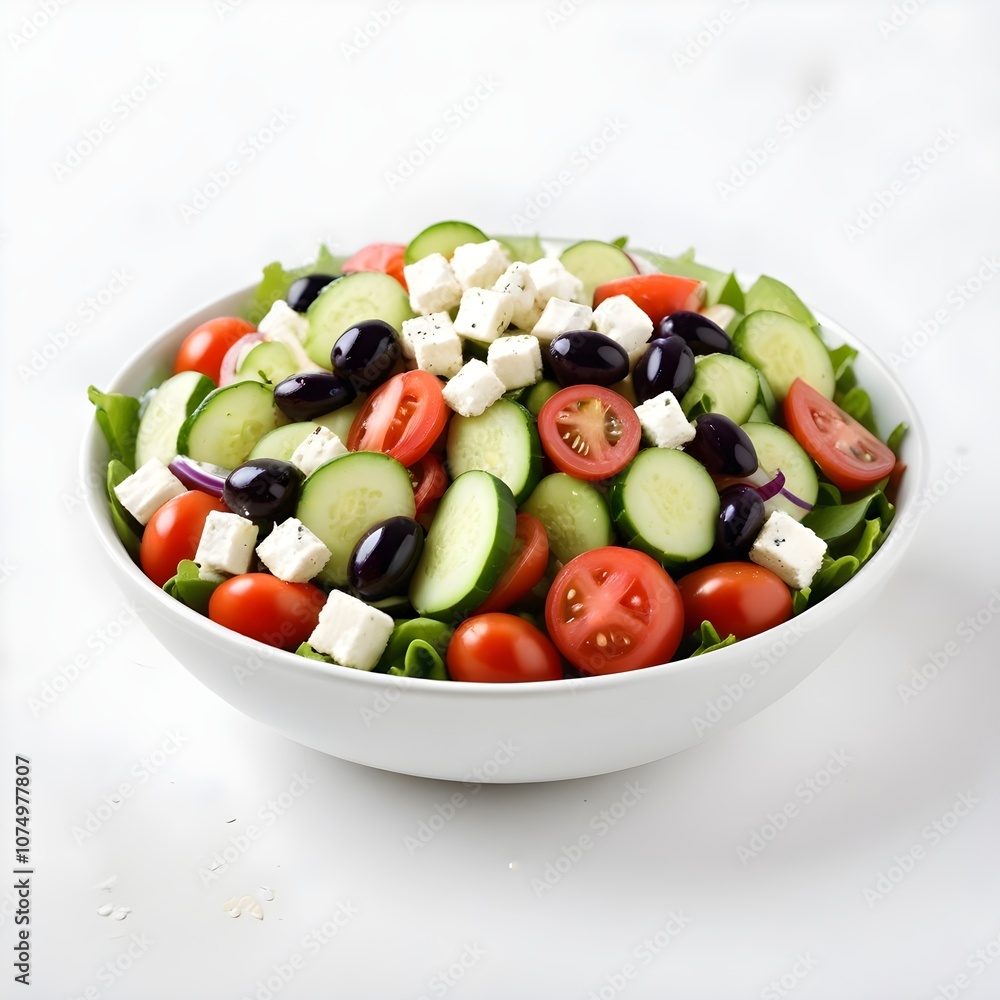 A fresh Greek salad with tomatoes, cucumbers, olives, feta cheese, and a light dressing A fresh Greek salad with tomatoes, cucumbers, olives, feta cheese, and a light dressing