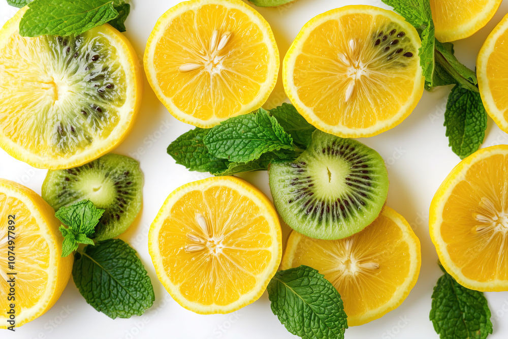 Freshly sliced lemons and kiwis arranged aesthetically with mint leaves in a bright setting. Generative AI Freshly sliced lemons and kiwis arranged aesthetically with mint leaves in a bright setting. Generative AI